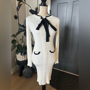 URBAN REVIVO Long Sleeve Cream Dress with Black Details